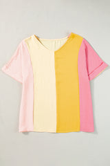 Apricot Colorblock Patchwork V-Neck Crinkled Blouse