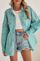 Green Frayed Trim Vintage Rivet Denim Jacket