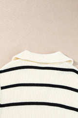 White Stripe Zipped Collar Cap Sleeve Knit Top