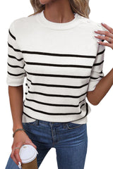 White Stripe Button Decor Half Sleeve Knitted Tee