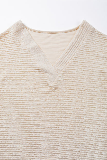 Pale Khaki Solid Color V-Neck Textured T Shirt