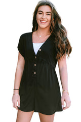 Black V Neck Buttons Loose Cuffed Short Sleeve Romper