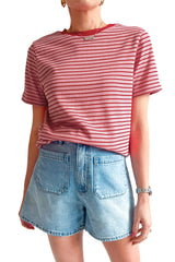 Pink Stripe Contrast Crew Neck T-Shirt