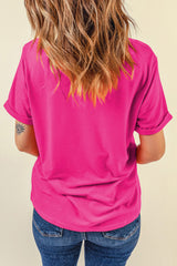 Rose Red Solid Color Crew Neck Roll Up Sleeve Tee