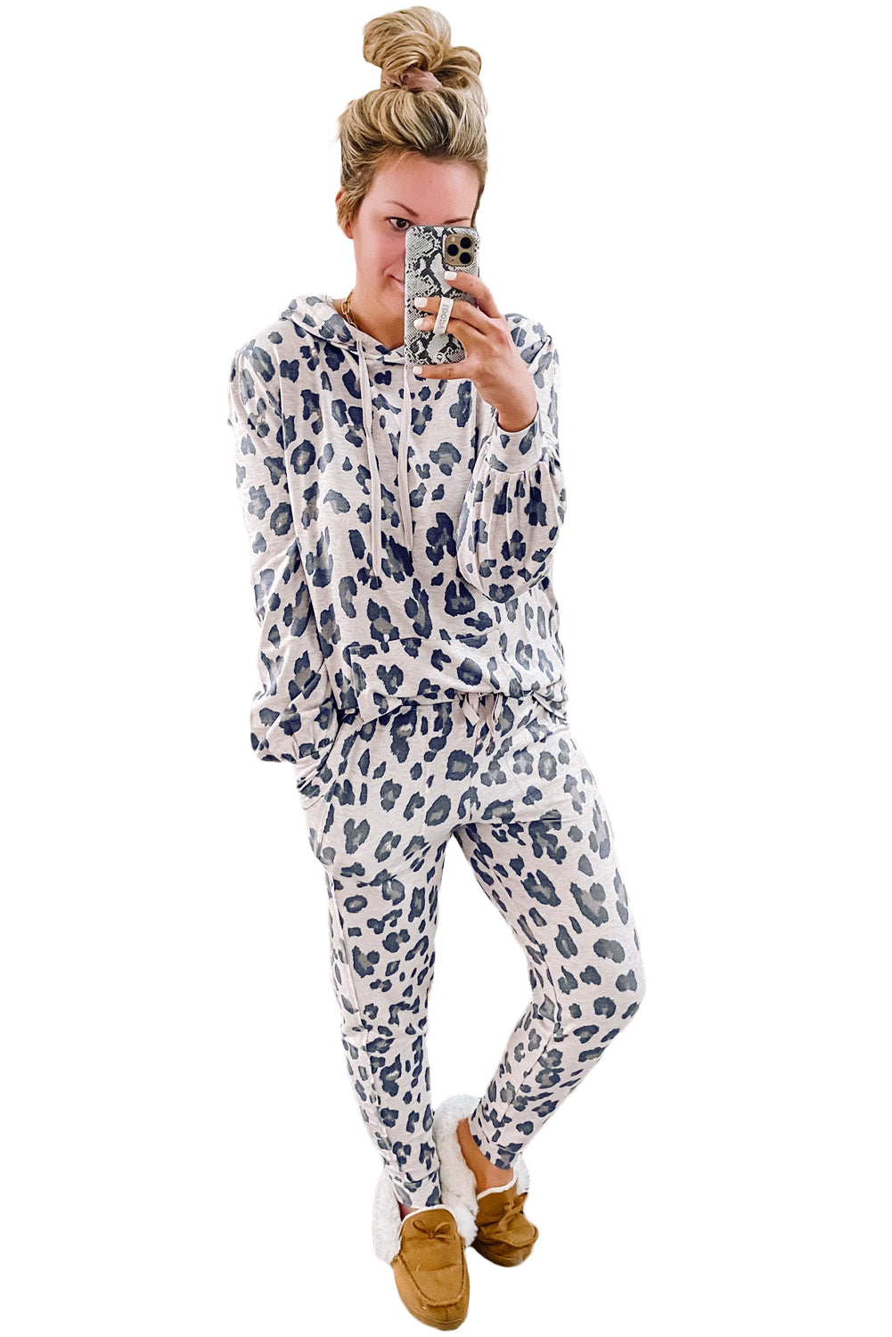 Khaki Leopard Print Drawstring Hoodie and Skinny Pants Pajama Set