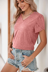 Rose Tan Tulip Sleeve V Neck T-Shirt