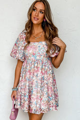 Pink Floral Lantern Sleeve Square Neck Ruffled Mini Dress