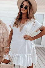 White Lace Trim Contrast Short Sleeve Ruffled Mini Dress