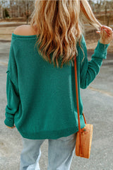 Green Solid Color Drop Shoulder Knitted Pullover Sweater