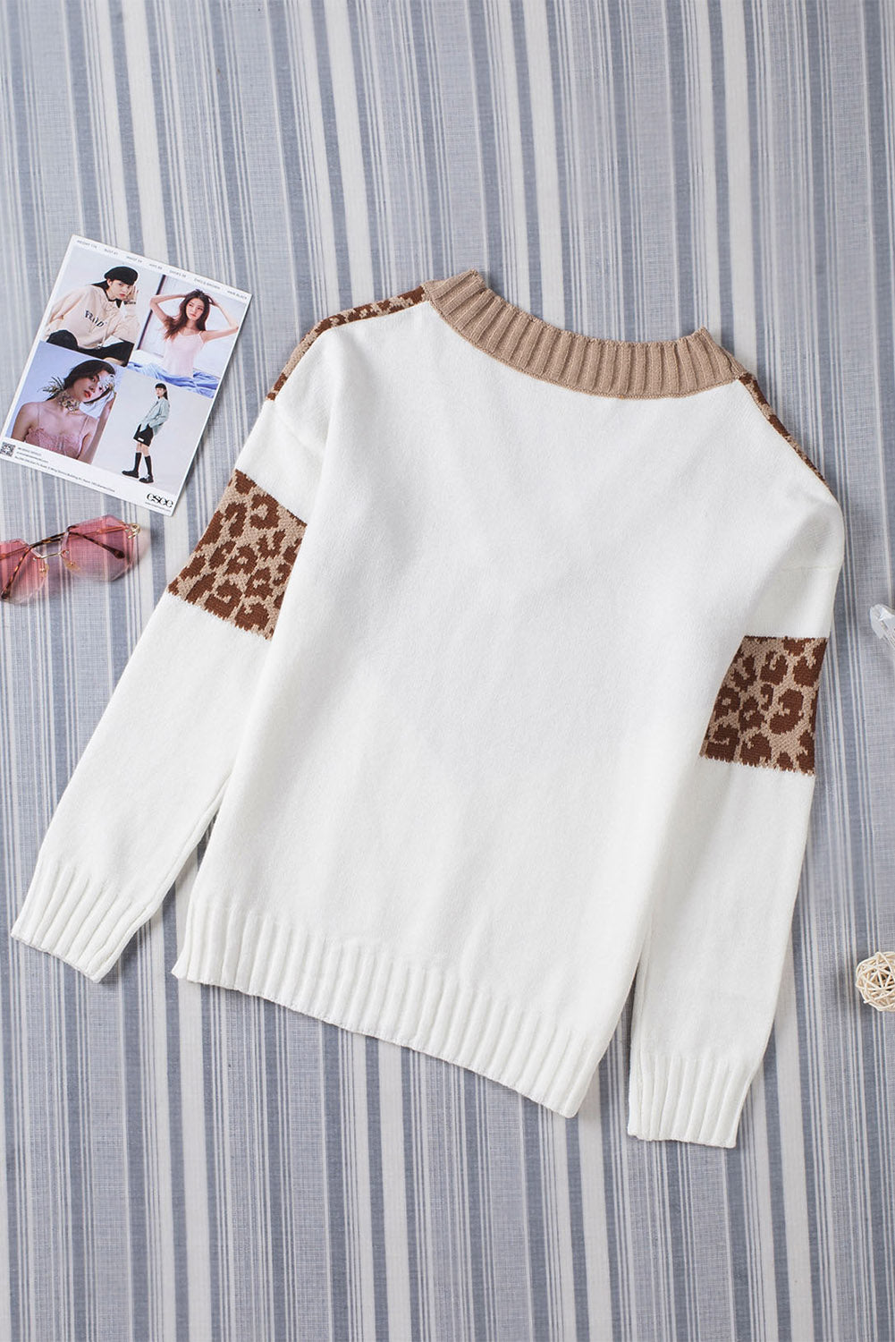 Cheetah Color Block Rib Trim Off Shoulder Pullover Sweater