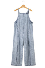 Blue Light Wash Frayed Exposed Seam Wide Leg Denim Overalls