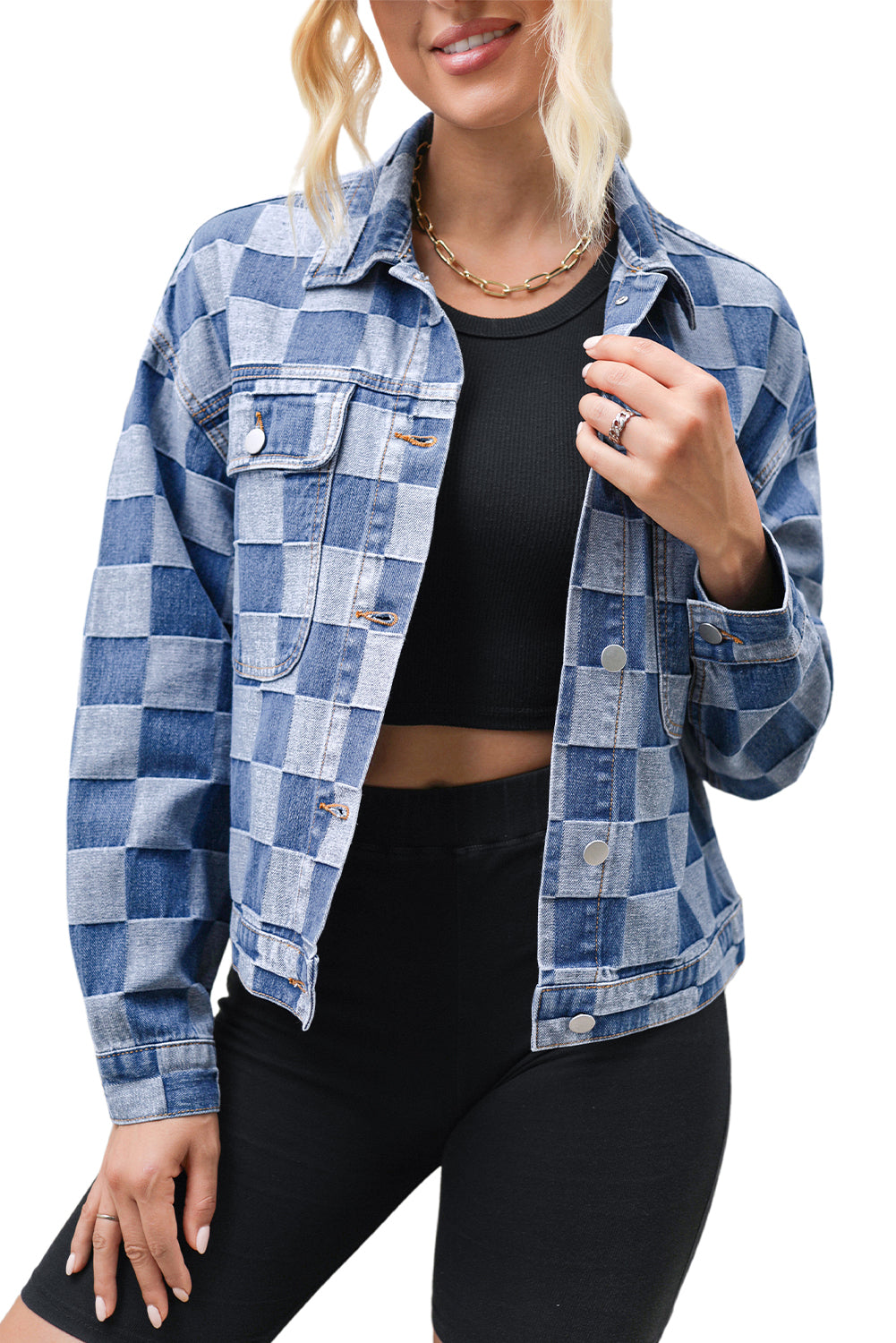 Light Blue Checkered Patchwork Button Up Denim Jacket