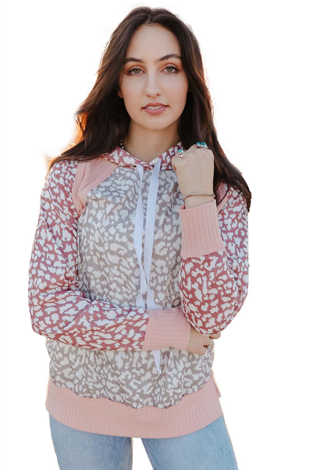 Pink Leopard Casual Rib Knit Long Sleeve Hoodie