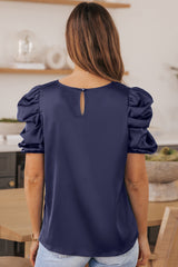 Dark Blue Elegant Ruched Puff Sleeve Silk Blouse