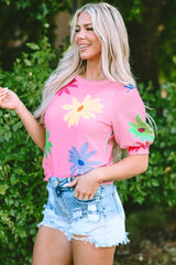 Pink Colorful Floral Print Puff Sleeve Waffle Knit T Shirt