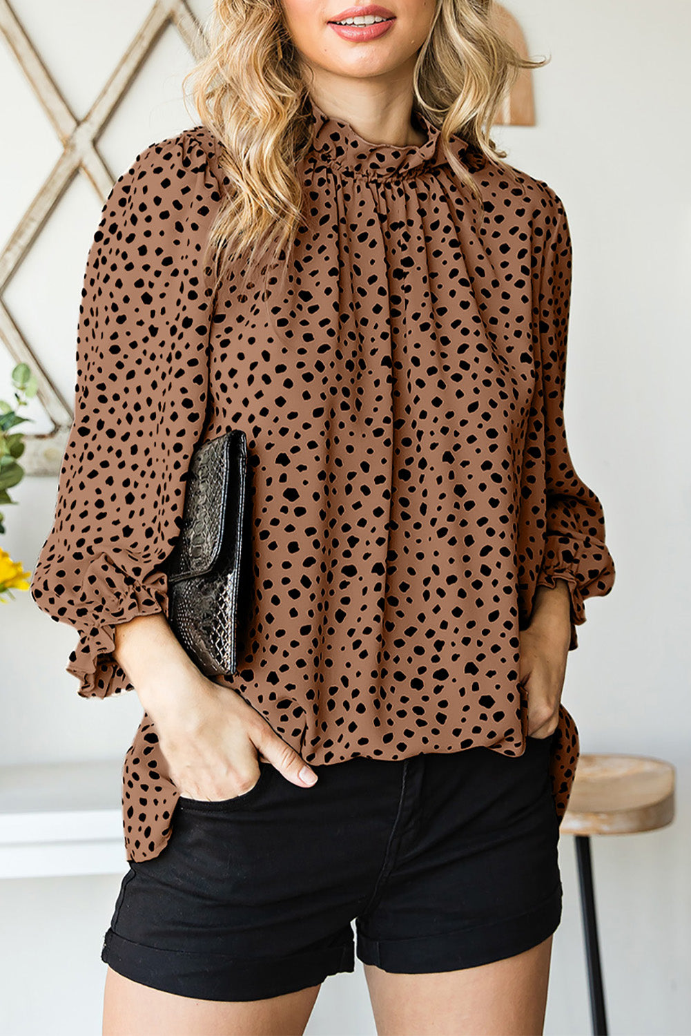 Brown Leopard Print Frill Neck 3/4 Sleeves Blouse