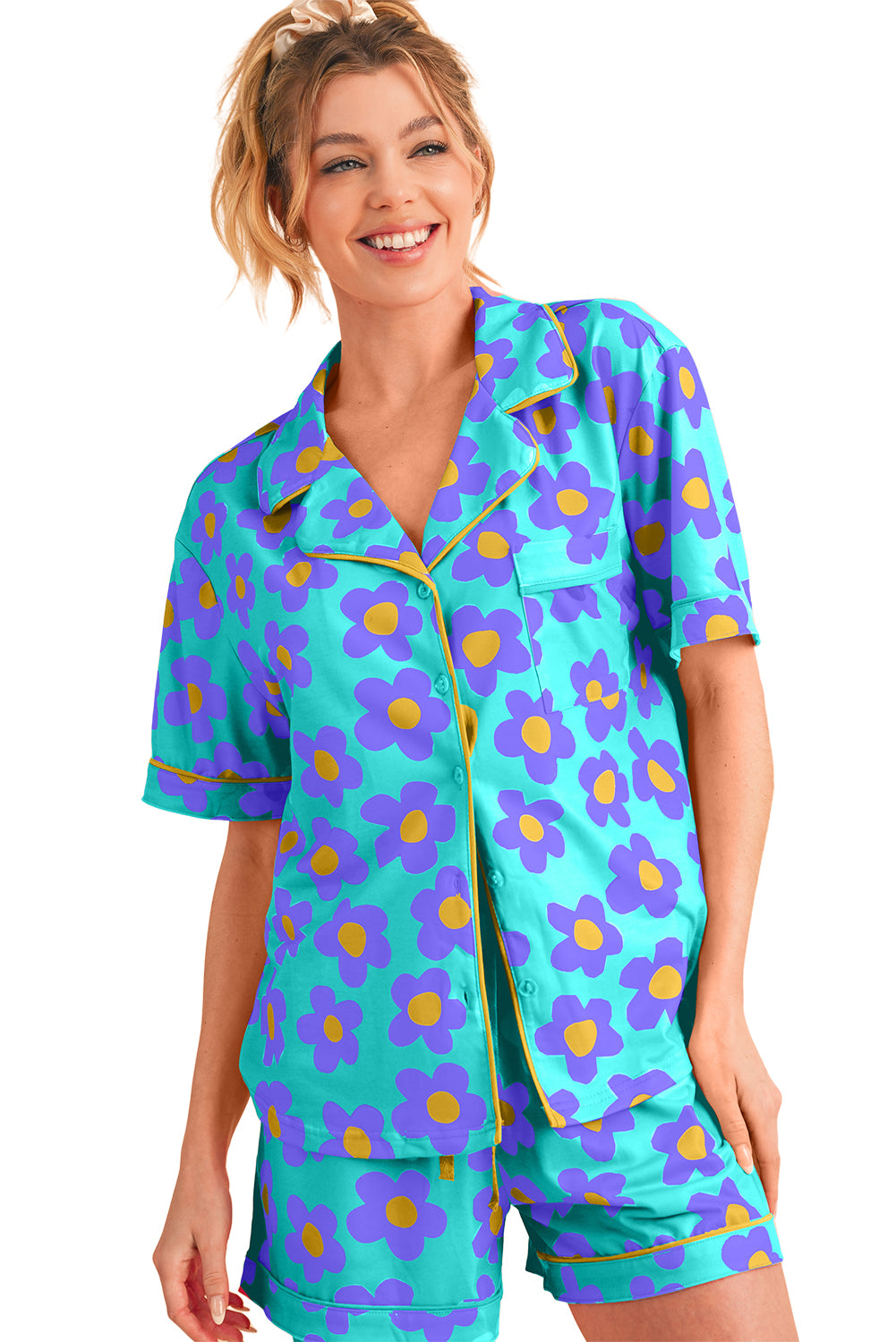 Green Flower Print Buttoned Shirt and Drawstring Waist Pajama Set