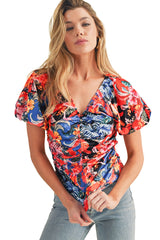 Orange Floral Print Ruched Puff Sleeve V Neck Blouse