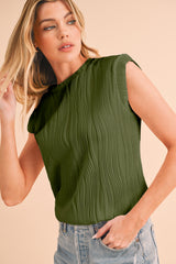 Jungle Green Wavy Textured Cap Sleeve Top