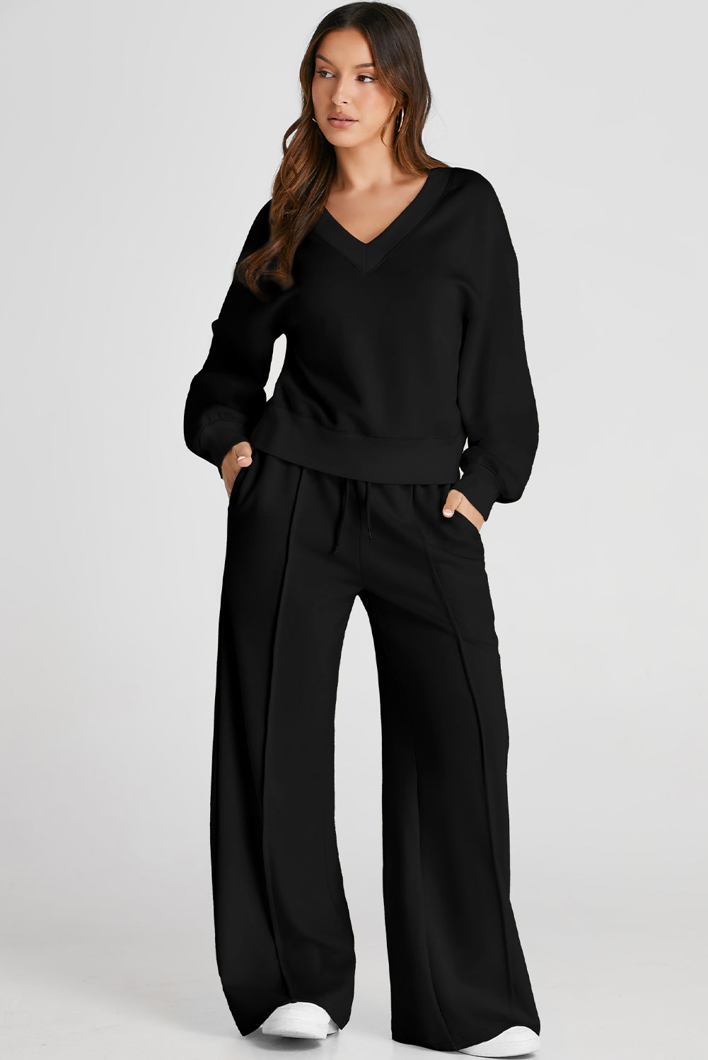 Black V Neck Cropped Sweatshirt & Seamed High Waist Pants Set