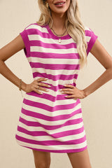 Rose Stripe Cap Sleeve Pocketed T-shirt Dress