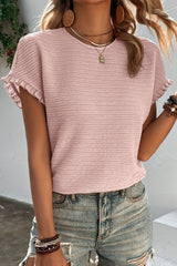 Light Pink Solid Textured Frill Cuffs Short Sleeve Blouse