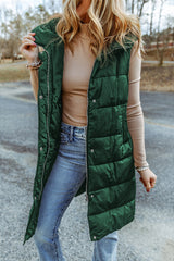 Green Hooded Pocketed Quilted Long Vest Coat