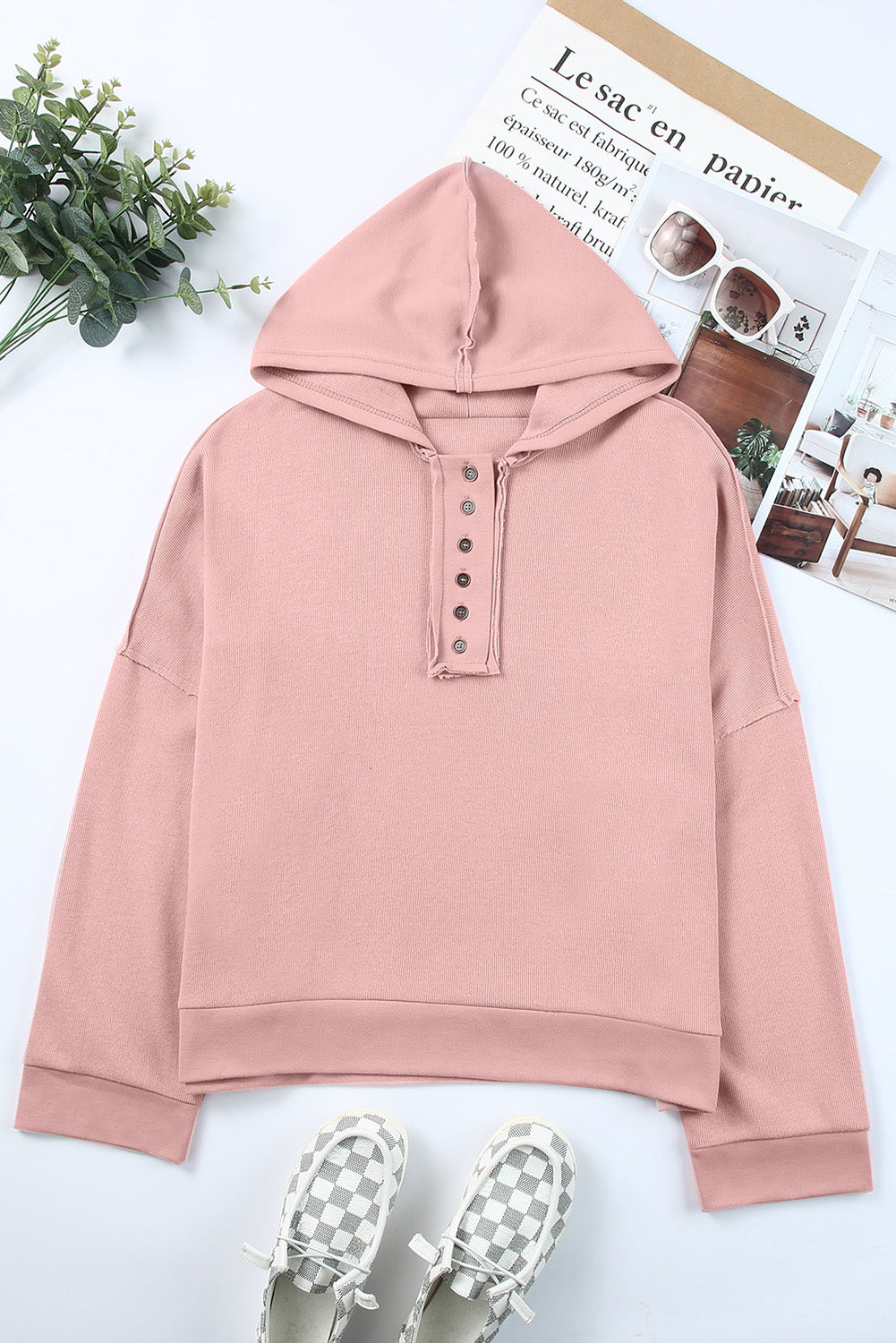 Pink Casual Button Patchwork Trim Hoodie