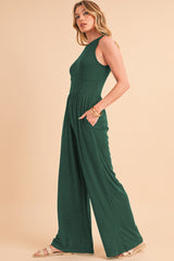 Blackish Green Sleeveless High Waist Wide Leg Jumpsuit