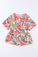 Multicolor Boho Abstract Pattern Split V Neck Flowy Top