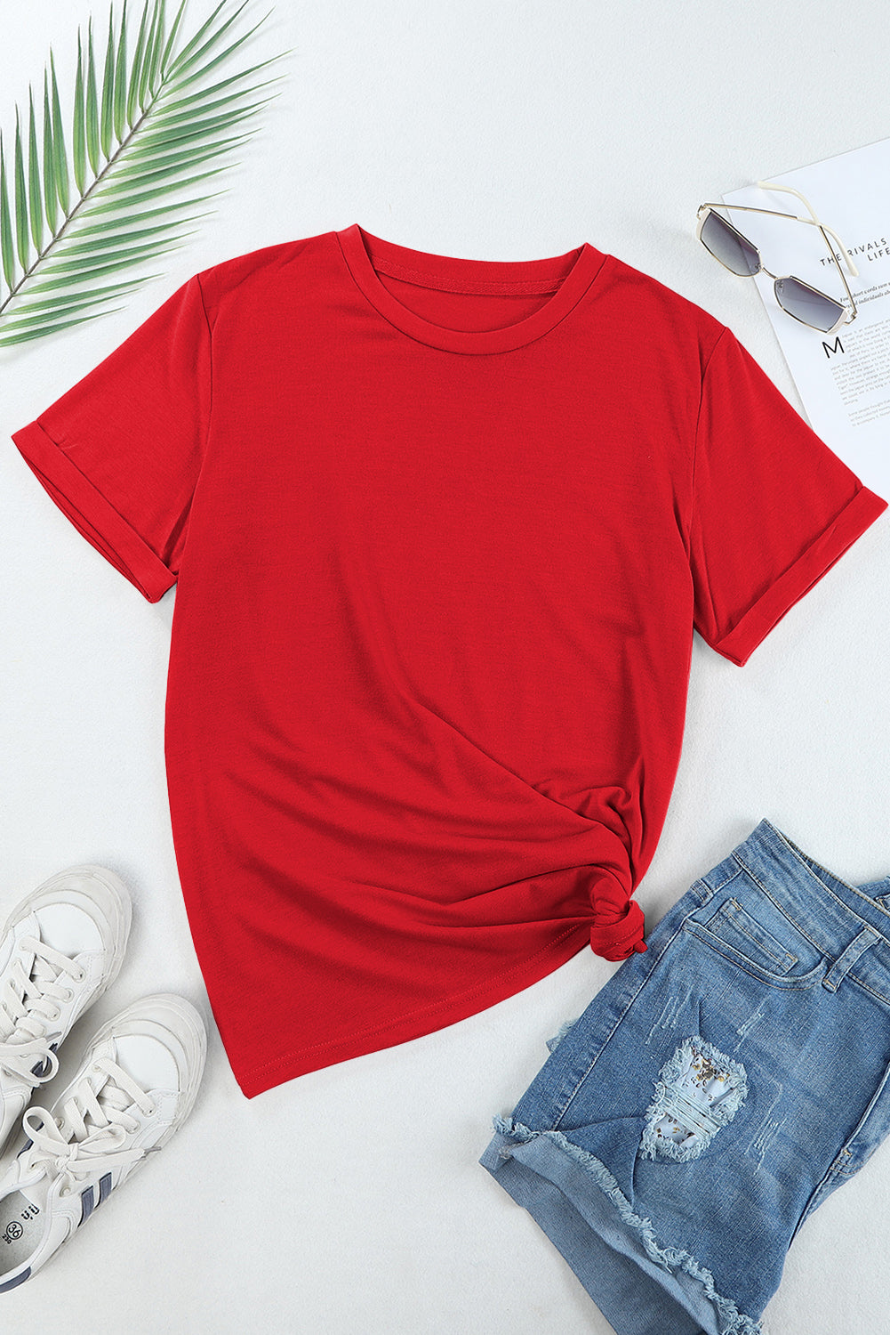 Red Solid Color Basic Crew Neck Plain Tee