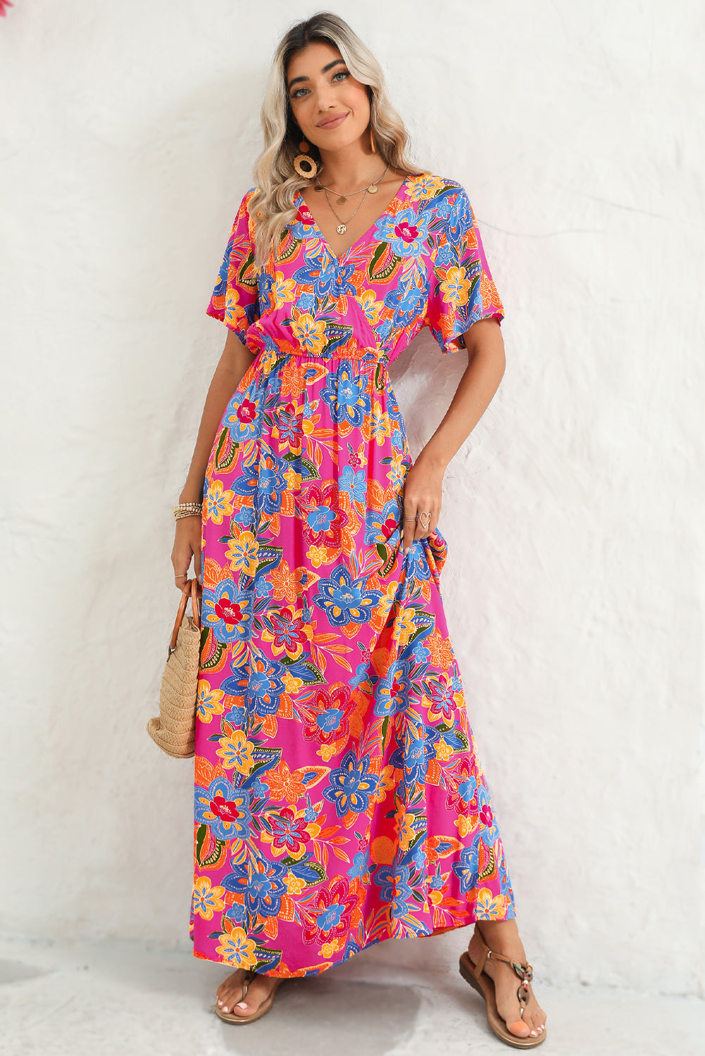 Rose Boho Abstract Print V Neck Short Sleeve Maxi Wrap Dress