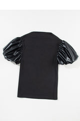 Black Mock Neck Faux Leather Puff Short Sleeve Top