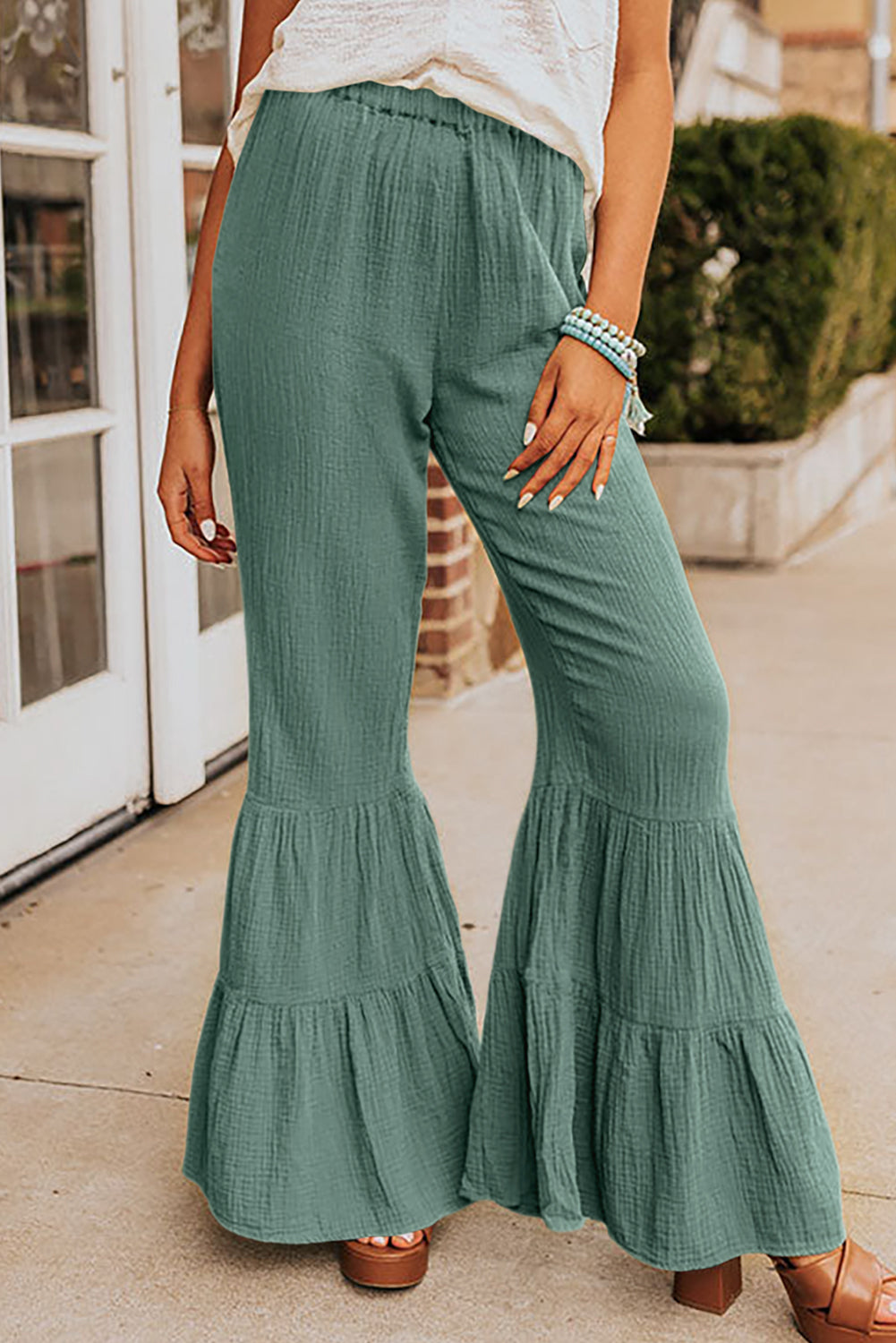 Green Ruffle High Waist Flared Pants