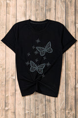 Black Glittering Rhinestone Butterfly Graphic T Shirt