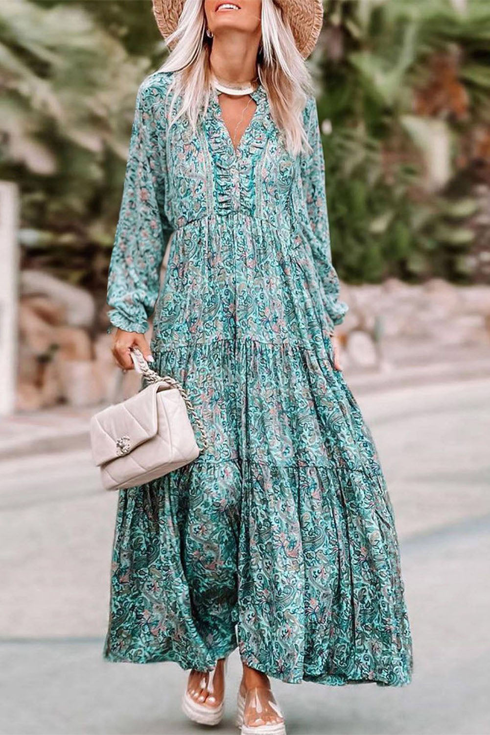 Sky Blue Bohemian Paisley Print Long Sleeve Tiered Maxi Dress