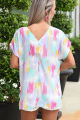 Multicolor Abstract Print V Neck Short Sleeve Dolman Blouse