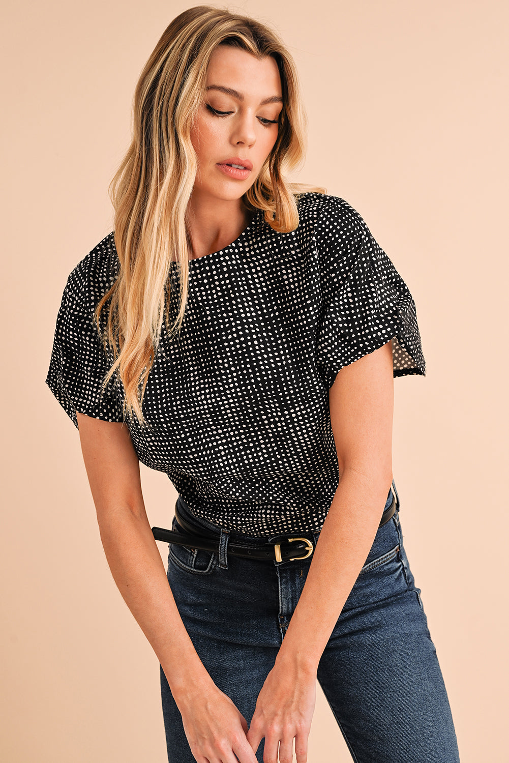 Black Dotted Puff Sleeve Round Neck Blouse