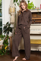 Brown Ribbed Henley Shirt and Wide Leg Pants Loungewear Set