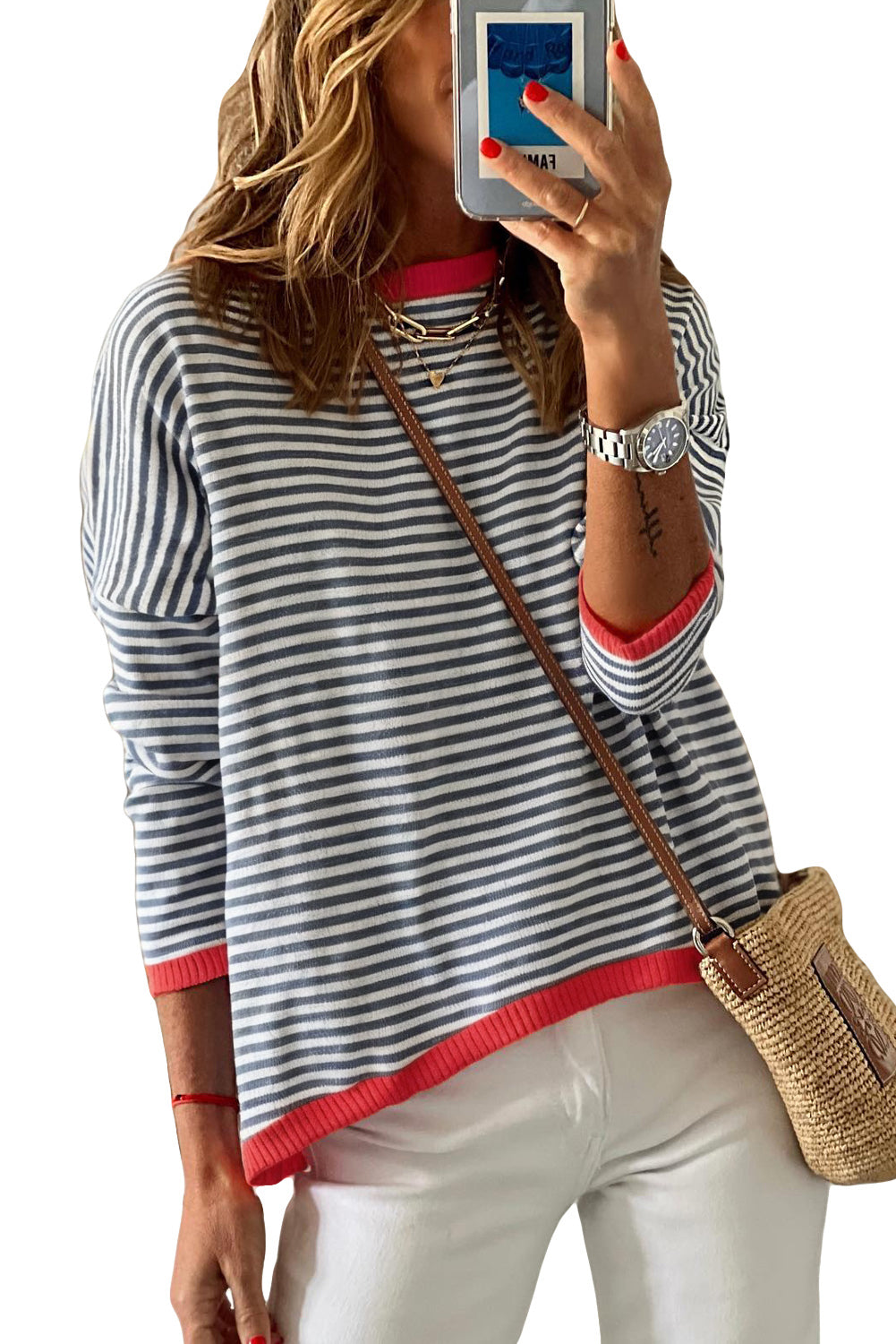 Striped Print Trim Drop Sleeve Knit Pullover Sweater