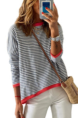 Striped Print Trim Drop Sleeve Knit Pullover Sweater