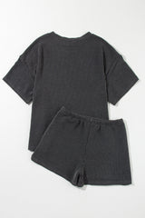 Carbon Grey Ribbed Textured Loose Fit Tee & Shorts Set