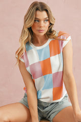 Grapefruit Orange Checkered Color Block Cap Sleeve Knitted Top