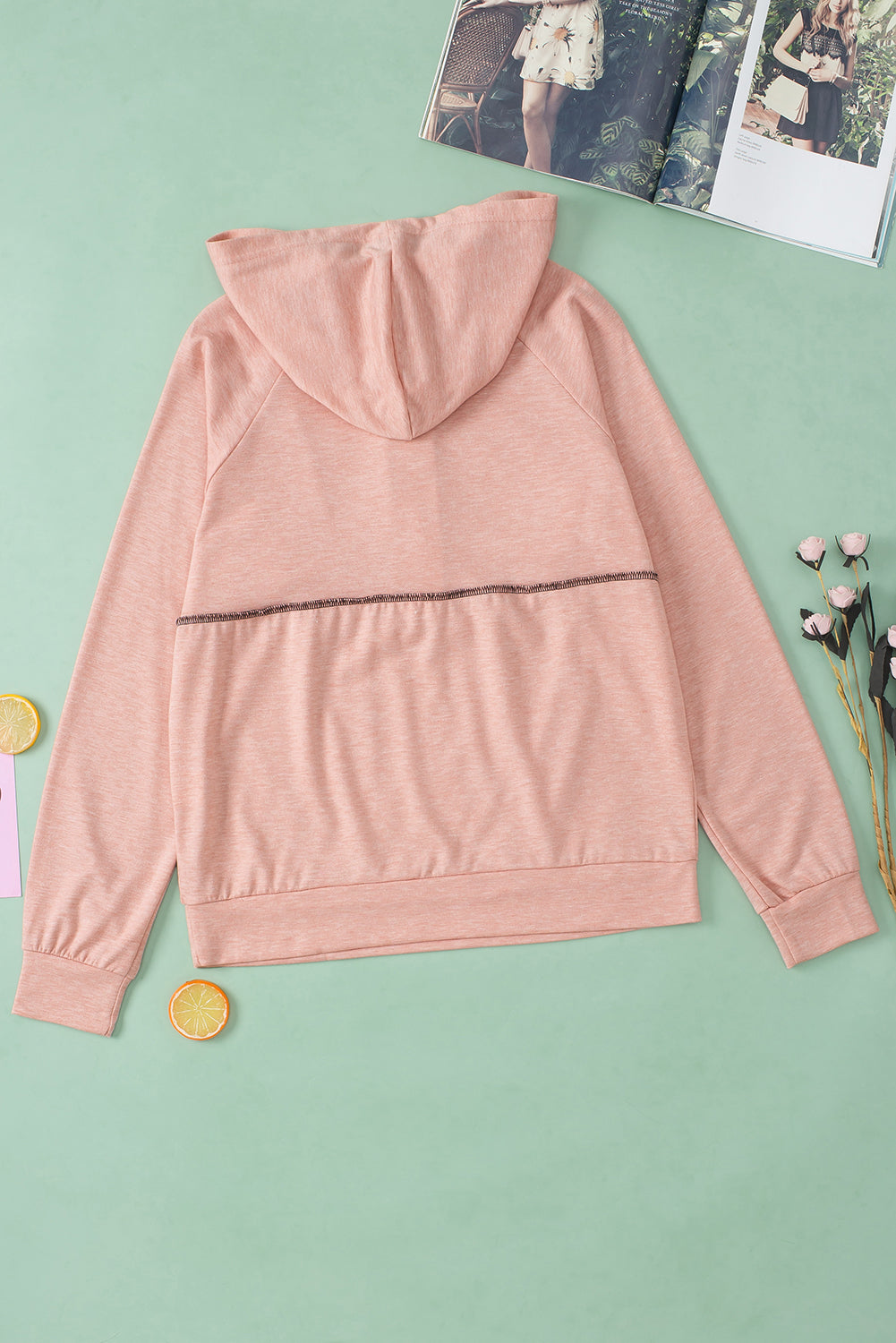 Pink Solid Color Exposed Seam Henley Pullover Hoodie