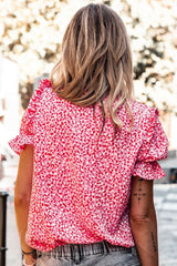 Pink Abstract Print Casual V Neck Ruffle Sleeve Blouse