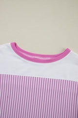 Pink Stripe Patchwork Bracelet Sleeve Plus Size T Shirt