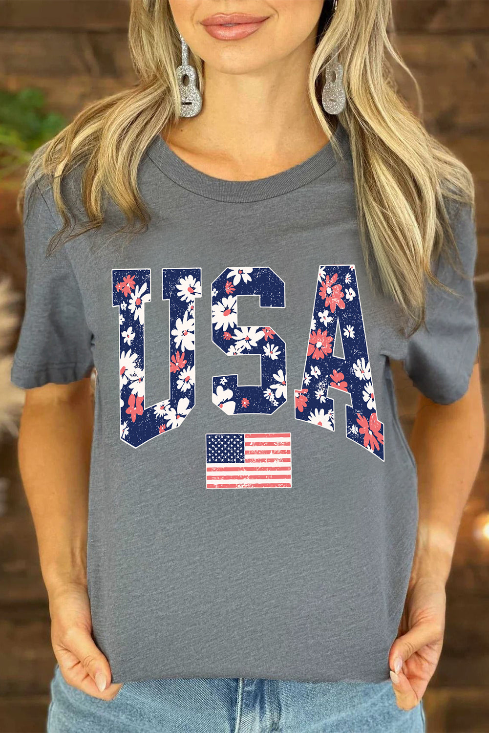 Gray Floral USA Flag Graphic Roll Up Sleeve Tee