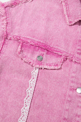 Pink Lace Patchwork Distressed Buttoned Denim Jacket