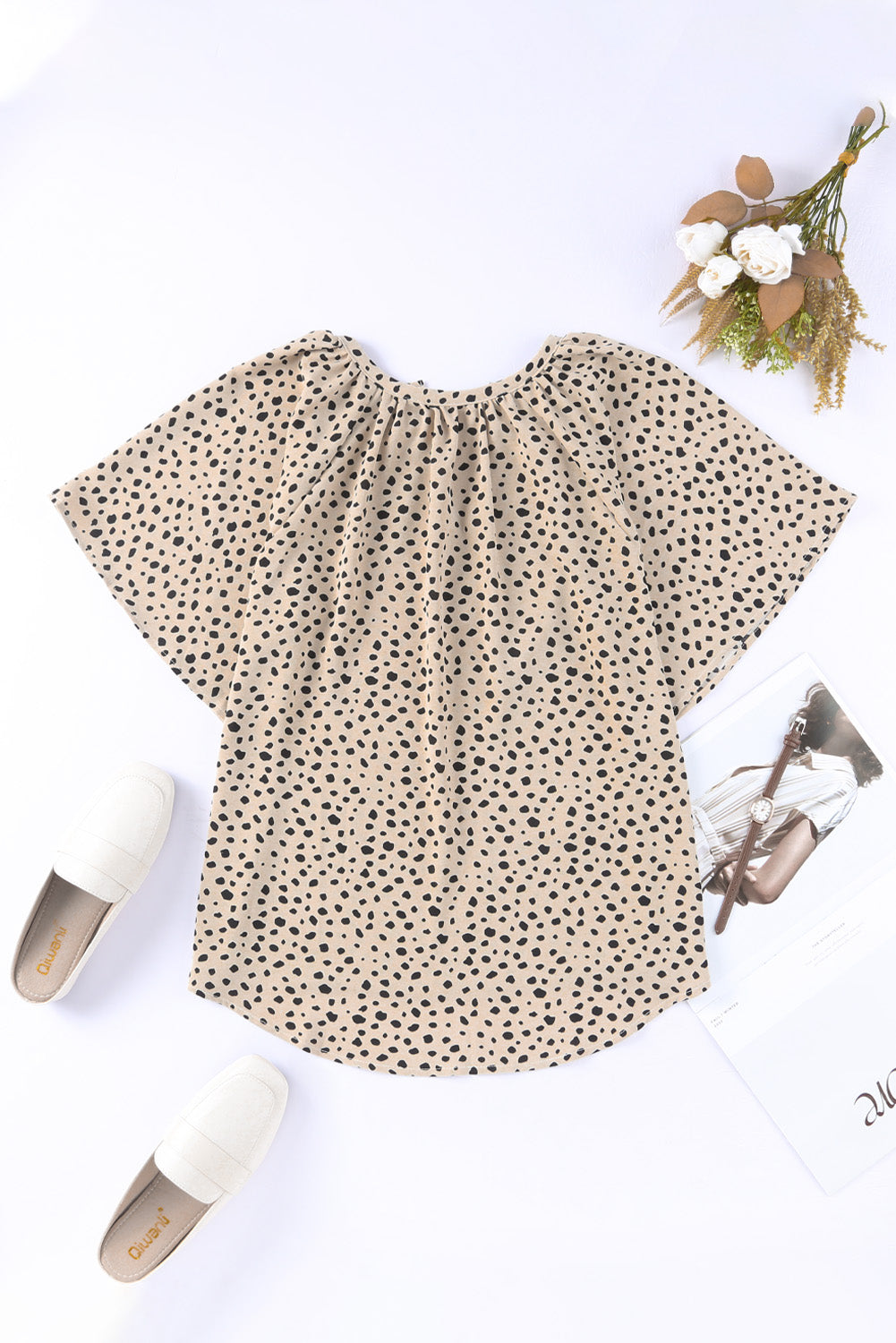 Cheetah Notch V Neck Casual Ruffle Sleeve Blouse