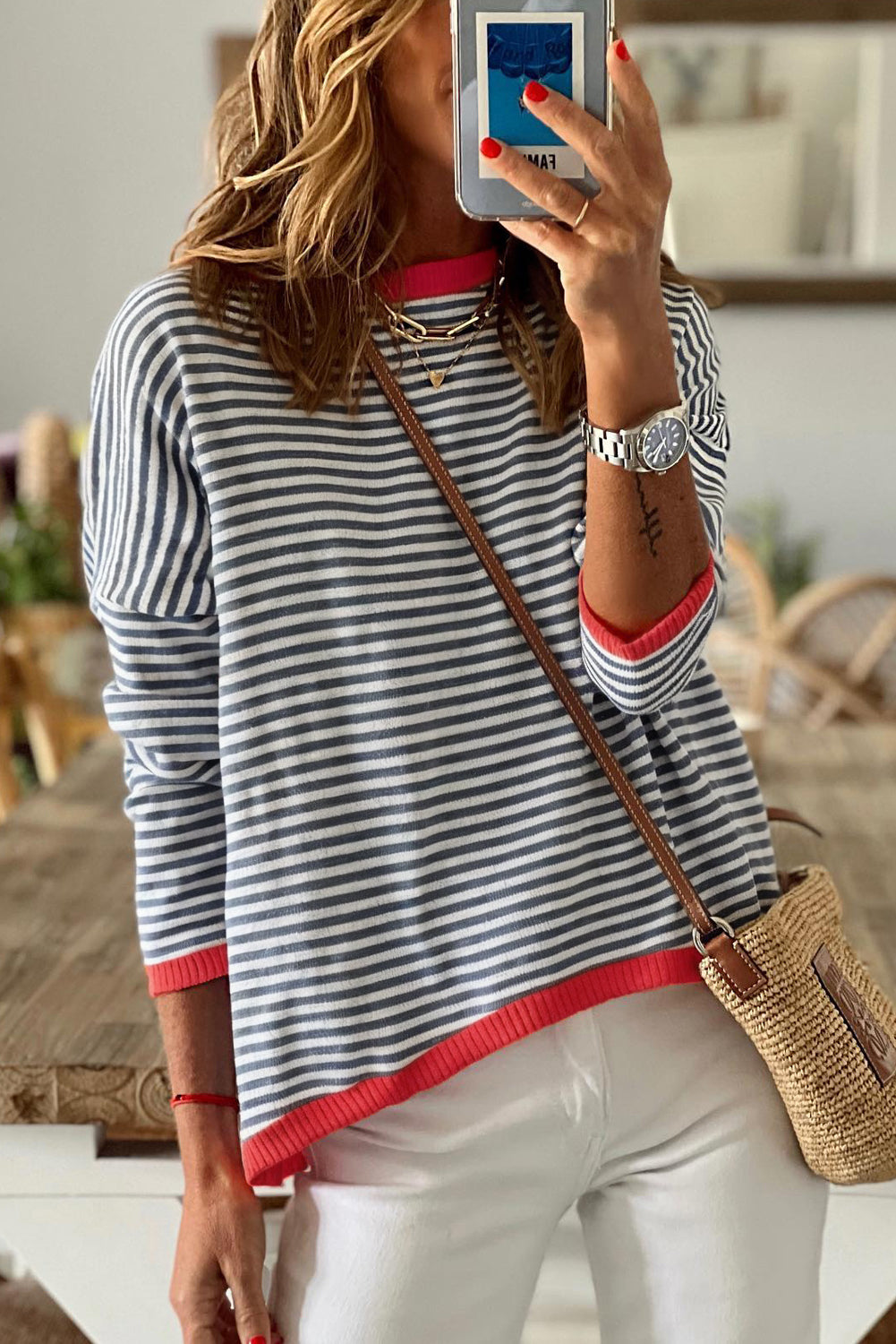 Striped Print Trim Drop Sleeve Knit Pullover Sweater